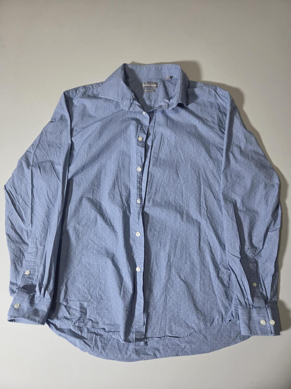 Michael Kors Dress Shirt Mens 17.5 34/35 Blue Geometric Slim Fit Woven Cotton LS